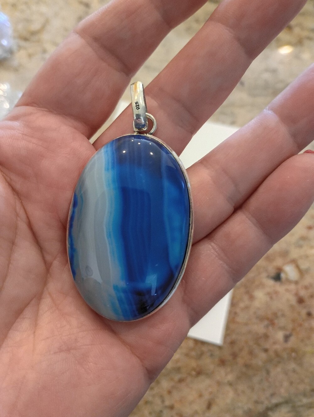 Huge Real Silver-Tone Real Blue Agate Stone Pendant Gorgeous Patterns!